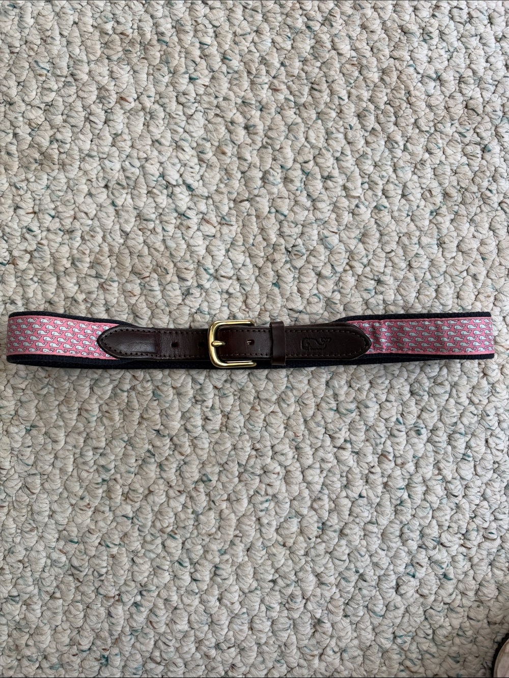 Vineyard Vines Pink Whale Motif Belt with Brown Leather and Gold Buckle
